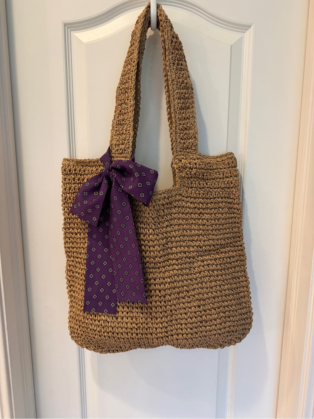 Natural Straw Tote with Removable Purple Bow